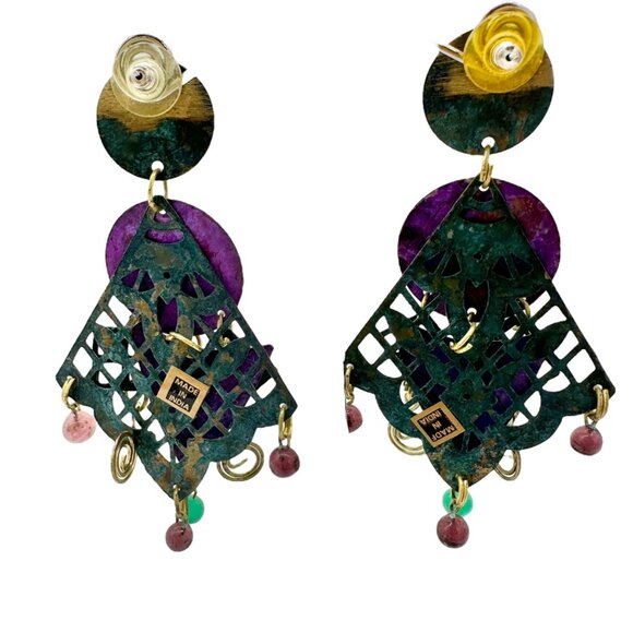 Statement Dangle Earrings Purple Green Geometric Brass Details Gemstone Accents - Picture 4 of 7